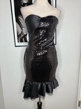 Strapless Black Sequin Ruffle-Hem Cocktail Dress